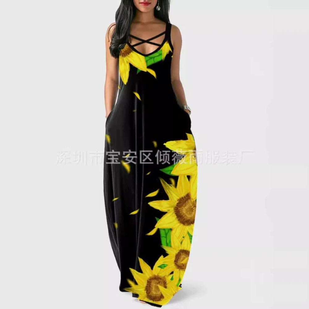 Womens Summer High Waist Digital Print Drawstring Strap Slim Dress